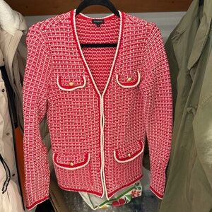 TALBOTS Vintage Tipped Red & White Tweed Sweater Jacket with gold accents